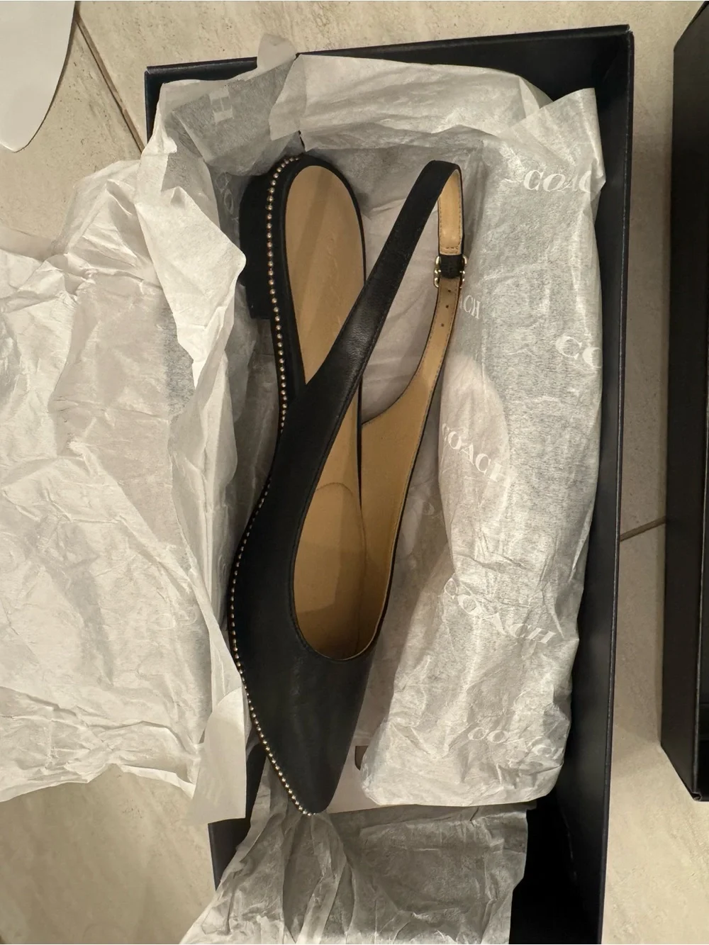 Coach Black Pointed Slingback Mules with Gold Stud Trim